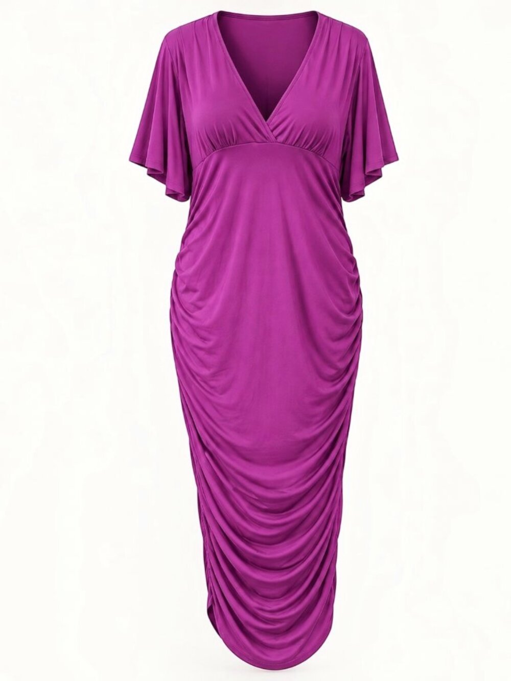 Purple Ruched Plus Size Surplice V-Neck Dress Flutter Sleeve Stretch 3XL - Picture 4 of 7